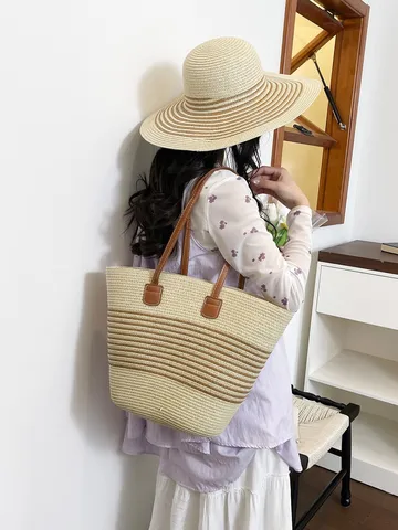 Women Woven Striped Raffia Tote Bag Large Capacity Straw Beach Vacation Shoulder Bag Contrast Color Handbag Shopping Bag