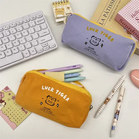 Lucky Tiger Canvas Pencil Case Cute Cartoon Tiger Print Stationery Bag Large Capacity Makeup Pouch Portable Pen Organizer