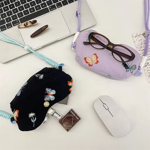 Tragbare Brillen Aufbewahrungstasche Bestickter Schmetterling Hals Hängendes Lanyard Sonnenbrillen Tasche Schutzhülle Für Reisen