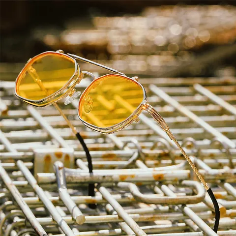 Retro Steampunk Sonnenbrille Hochklappen Für Unisex Metall Polygon Doppelschicht Vollrand Eckiger Rahmen Brille UV400 Schutz Brillenzubehör