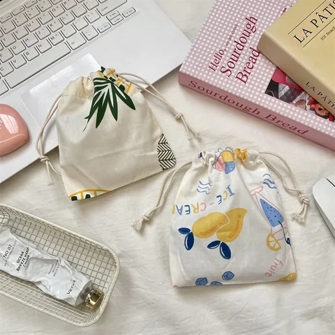 Mini Sac de Rangement en Toile à Cordon Pochon de Voyage Antipolvere Portable Imprimé Fruits d'Été Ananas Petit Sac Organisateur