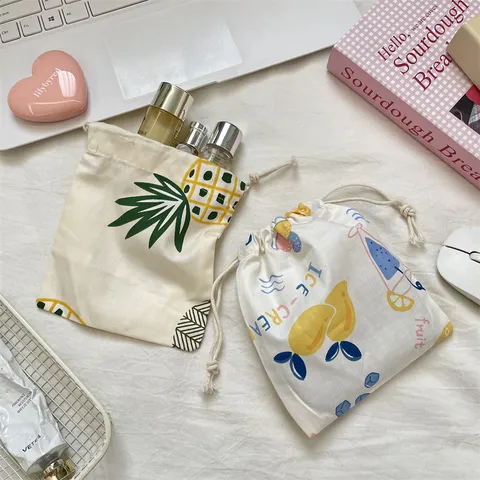 Mini Sac de Rangement en Toile à Cordon Pochon de Voyage Antipolvere Portable Imprimé Fruits d'Été Ananas Petit Sac Organisateur