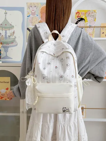 Japanese Style Cute Dog Printed Plaid School Backpack For Students Large Capacity Nylon Waterproof Multi Pocket Casual Travel Double Shoulder Bookbag Unisex Backpack
