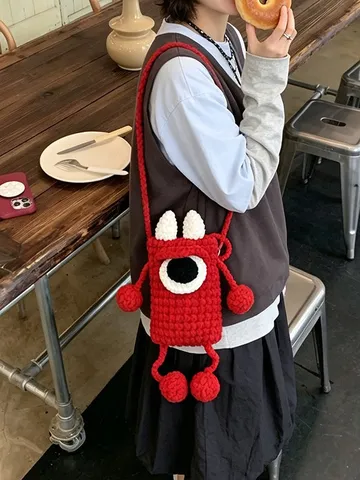 Cute Big Eyes Handmade Yarn Knit Color Block Phone Bag Cartoon Anime Female Single Shoulder Crossbody Bag For Women Kids Gift