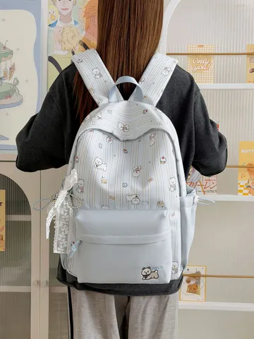 Japanese Style Cute Dog Printed Plaid School Backpack For Students Large Capacity Nylon Waterproof Multi Pocket Casual Travel Double Shoulder Bookbag Unisex Backpack