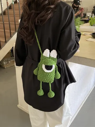 Cute Big Eyes Handmade Yarn Knit Color Block Phone Bag Cartoon Anime Female Single Shoulder Crossbody Bag For Women Kids Gift