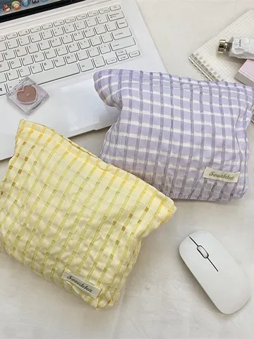Fresh Plaid Seersucker Cosmetic Bag Portable Travel Toiletry Makeup Pouch Zipper Storage Organizer Handheld Handbag For Women