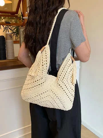 Mujer Moda Casual Tejido a Mano Hueco Tote Bag Vacaciones en la Playa Damas Commuter Un Solo Hombro Bandolera Algodón