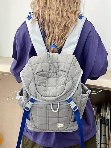 Petit Sac à Dos Pour Femmes Hiver Rembourré Matelassé Décontracté École Sac de Livre Léger Cordon Daypack Gris Sac de Voyage de Mode