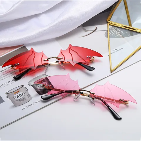 Gothic Punk Bat Wing Rimless Sunglasses For Women Men Vampire Shaped Metal Frame Sun Glasses Trendy Eyewear