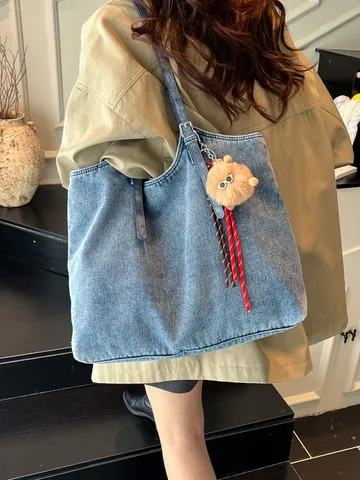 Vintage Washed Denim Tote Bag For Women Large Capacity Casual Shoulder Bag Travel Gym Underarm Bag With Plush Pendant