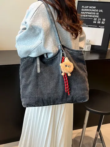 Vintage Washed Denim Tote Bag For Women Large Capacity Casual Shoulder Bag Travel Gym Underarm Bag With Plush Pendant