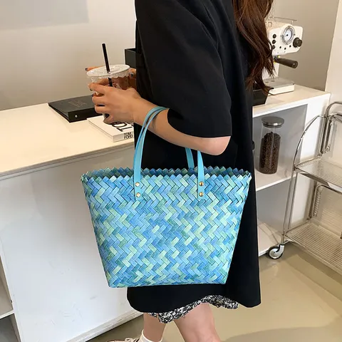 Womens Straw Woven Shoulder Bag Casual Tote Purse Large Capacity Handbag Japanese Style Daily Travel Shopping Bag
