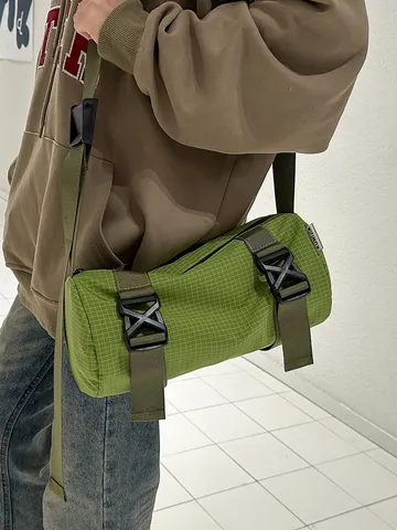 Borsa a Tracolla a Spalla Cilindrica in Nylon a Quadri Casual Unisex Moda Versatile Sport Viaggio Quotidiano