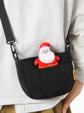 Harajuku Minimalistisch Nylon Kariert Umhängetasche Gesteppt Wasserabweisend Pendeln Kleine Schoudertas Mit Weihnachtsmann Plüsch Anhänger Für Unisex