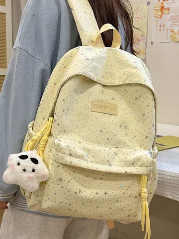 Star Print School Backpack For Girls Large Capacity Polyester Cotton Student Bookbag With Cartoon Pendant Casual Backpack