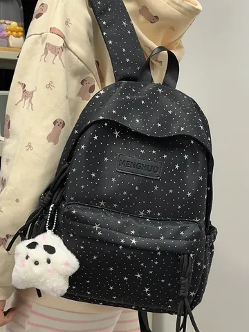 Star Print School Backpack For Girls Large Capacity Polyester Cotton Student Bookbag With Cartoon Pendant Casual Backpack