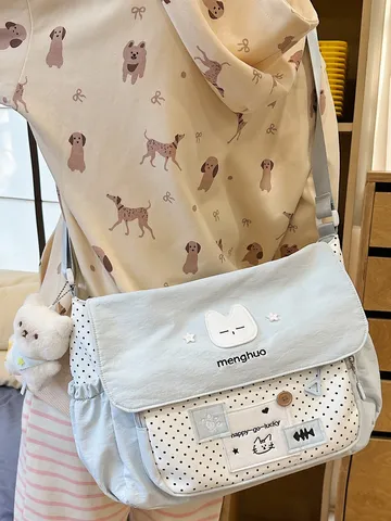 Lindo Bolso Bandolera De Lunares En Contraste Con Bordado De Gato Para Niñas Mujeres Bolso De Hombro De Nailon Para Escuela