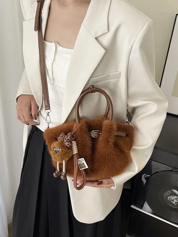 Women Plush Bucket Bag Exquisite Pleated Faux Fur Shoulder Bag Commuter Crossbody Bag With Cartoon Pendant Soft Winter Handbag