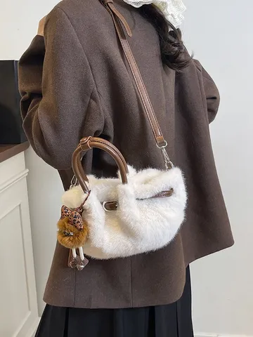 Women Plush Bucket Bag Exquisite Pleated Faux Fur Shoulder Bag Commuter Crossbody Bag With Cartoon Pendant Soft Winter Handbag