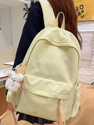 Mochila Kawaii con Bordado de Lazo Gran Capacidad Bolso Escolar para Niñas Estudiantes de Secundaria Nailon Mochila Resistente al Agua