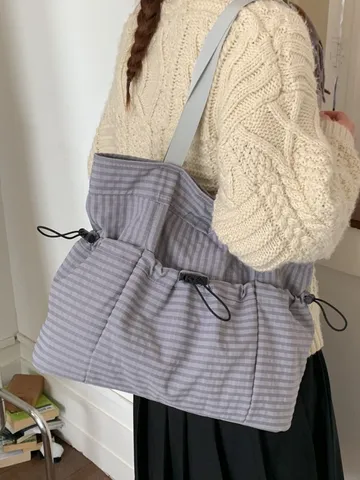 Koreanische Minimalistische Karierte Plissierte Tragetasche Mit Kordelzug Große Kapazität Nylon Umhängetasche Für Frauen Studenten