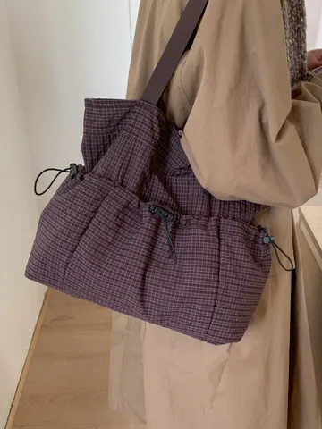 Koreanische Minimalistische Karierte Plissierte Tragetasche Mit Kordelzug Große Kapazität Nylon Umhängetasche Für Frauen Studenten
