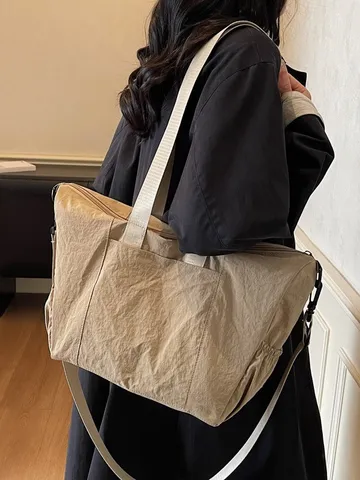 Women Large Capacity Nylon Tote Bag Urban Minimalist Crinkled Shoulder Bag Lightweight Outdoor Travel Crossbody Bag Everyday Casual Bag