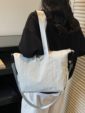 Women Large Capacity Nylon Tote Bag Urban Minimalist Crinkled Shoulder Bag Lightweight Outdoor Travel Crossbody Bag Everyday Casual Bag
