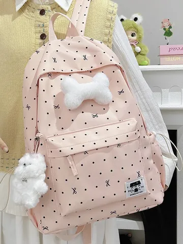 Süßer Cartoon Polka Dot Schleife Nylon Schulrucksack Große Kapazität Atmungsaktiv Campus Schultasche Für Schüler Unisex Alltag Rucksack
