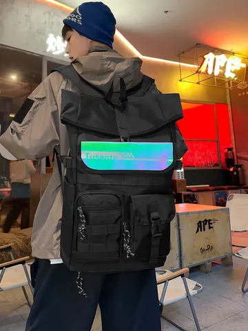 Sac à Dos Cargo Décontracté en Tissu Oxford avec Bandes Réfléchissantes pour Hommes Grande Capacité Sac de Sport Fitness Voyage Extérieur Cartable Scolaire Campus