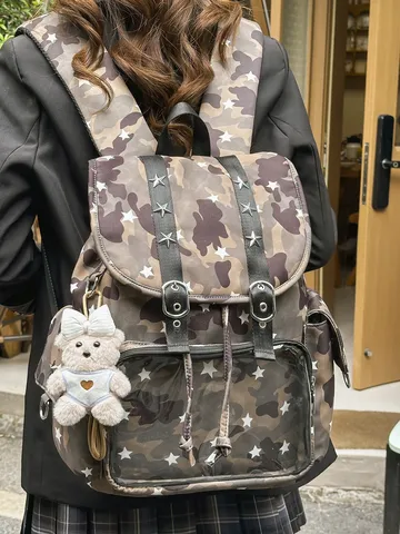 Harajuku Camouflage Nylon Backpack Large Capacity School Bag With Star Print For Teenagers Casual College Travel Daypack
