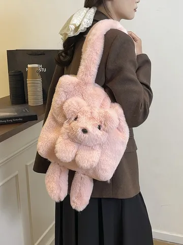 Cute Plush Dog Tote Bag Large Capacity Women Cartoon Animal Shoulder Bag Soft Underarm Tote Bag Winter Warm Faux Fur Handbag