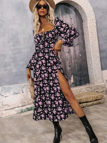 Women's Bohemian Floral Print Long Sleeve Square Neck Backless Slit Maxi Dress Polyester Blend Fashion Casual Dress