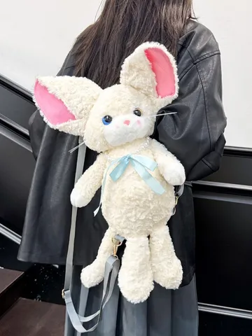 Cute Cartoon Plush Animal Doll Backpack Soft Faux Fur Stitching Color Block Pack With Bowknot For Daily School Unisex Travel Daypack