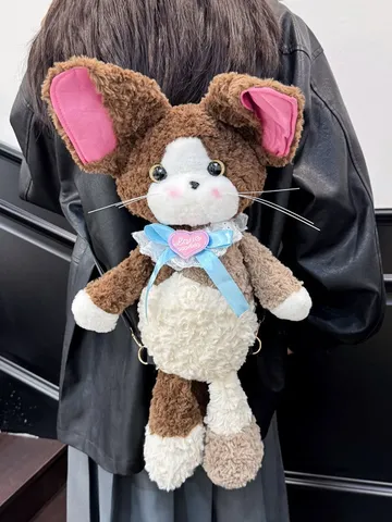 Cute Cartoon Plush Animal Doll Backpack Soft Faux Fur Stitching Color Block Pack With Bowknot For Daily School Unisex Travel Daypack