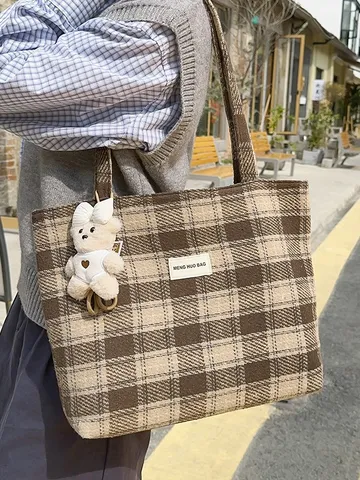 Vintage Kariert Farbblockierung Große Kapazität Umhängetasche Tote Bag Für Damen Casual Täglich Pendeln Schule Polyester Baumwolle Handtasche