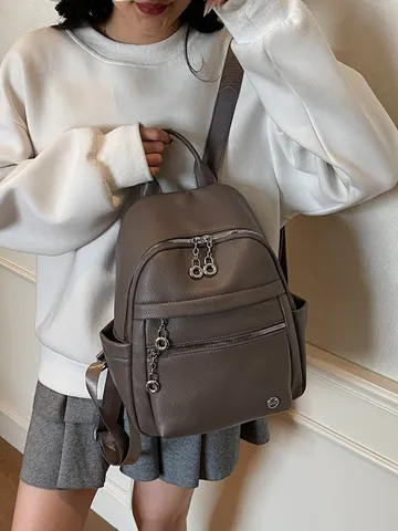 Women PU Leather Fashion Backpack Lychee Texture Daily Commute School Bag Large Capacity Multi Pocket Backpack