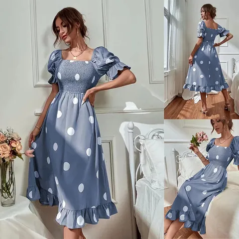 Women's Sweet Square Neck Short Sleeve Puff Sleeve Ruffle Hem Polka Dot Midi Dress Slim Fit Casual Dress