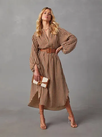 Women's Casual Long Sleeve V-Neck Striped Midi Dress Elegant Fall Commuter Loose Pullover Dress With Belt