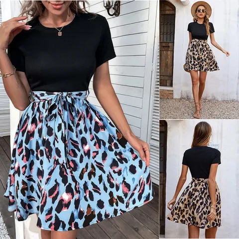 Robe Décontractée pour Femmes Manches Courtes Col Rond Imprimé Léopard Épicé avec Nœud Papillon Taille Lacets Mode Été