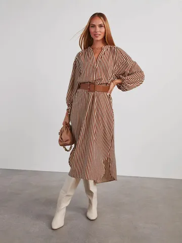 Women's Casual Long Sleeve V-Neck Striped Midi Dress Elegant Fall Commuter Loose Pullover Dress With Belt