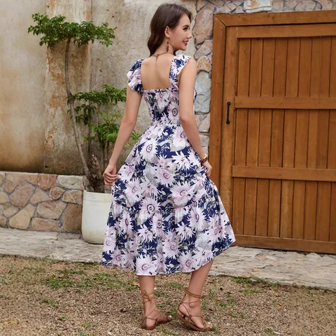 Women Casual Floral Print Off Shoulder Ruffled Sleeve Smocked Waist Large Swing Slip Midi Dress Summer Vacation Resort Wear