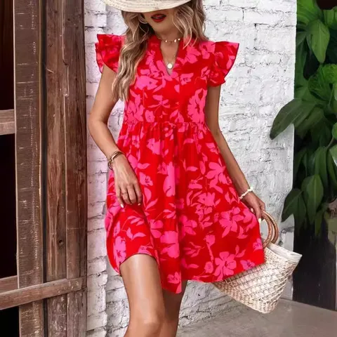 Women Casual Short Sleeve V-Neck Ruffle Trim Floral Printed Midi Dress Summer Sweet Style Beach Party Dress