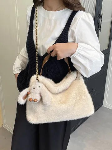 Damen Mode Kunstpelz Tragetasche Einfache Plüsch Schultertasche Mit Kettenriemen Große Kapazität Pendler Handtasche Wintertasche
