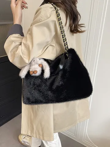 Damen Mode Kunstpelz Tragetasche Einfache Plüsch Schultertasche Mit Kettenriemen Große Kapazität Pendler Handtasche Wintertasche