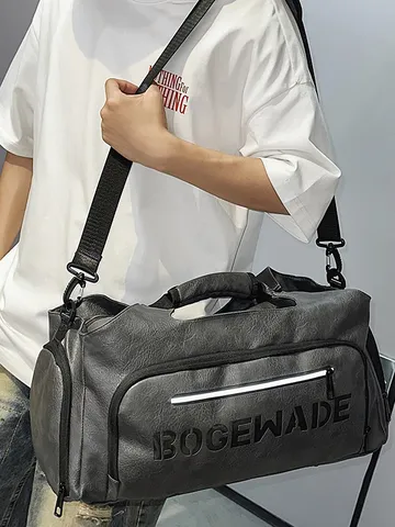 Large Capacity PU Leather Travel Bag For Men Waterproof Sports Gym Shoulder Bag Casual Motorcycle Style Weekend Overnight Bag