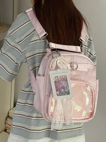 Harajuku Style Transparent Window Multi-Way Backpack For Women Large Capacity Heart Buckle Crossbody Bag Daily Commute Student Bag