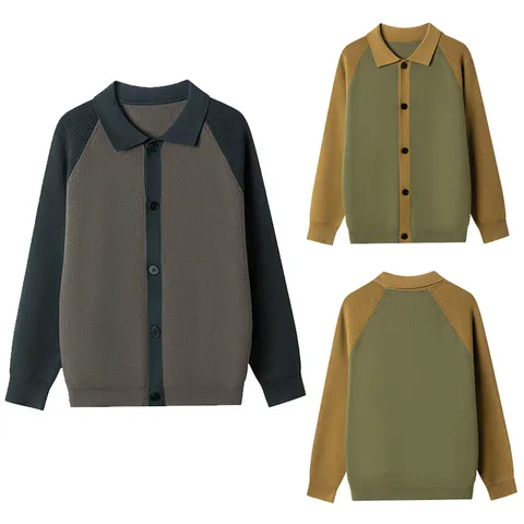 Cardigan Tricoté à Col Polo Bloc de Couleur Décontracté pour Hommes Bouton Revers Manches Longues Mode Vêtements en Tricot Vêtement d'Extérieur