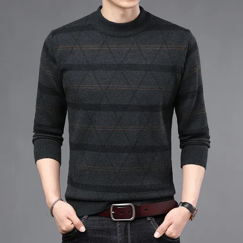 Heren Casual Kleurblok Gebreide Trui Winter Verdikt Warm Ronde Hals Pullover Lange Mouw Thermische Breiwaren